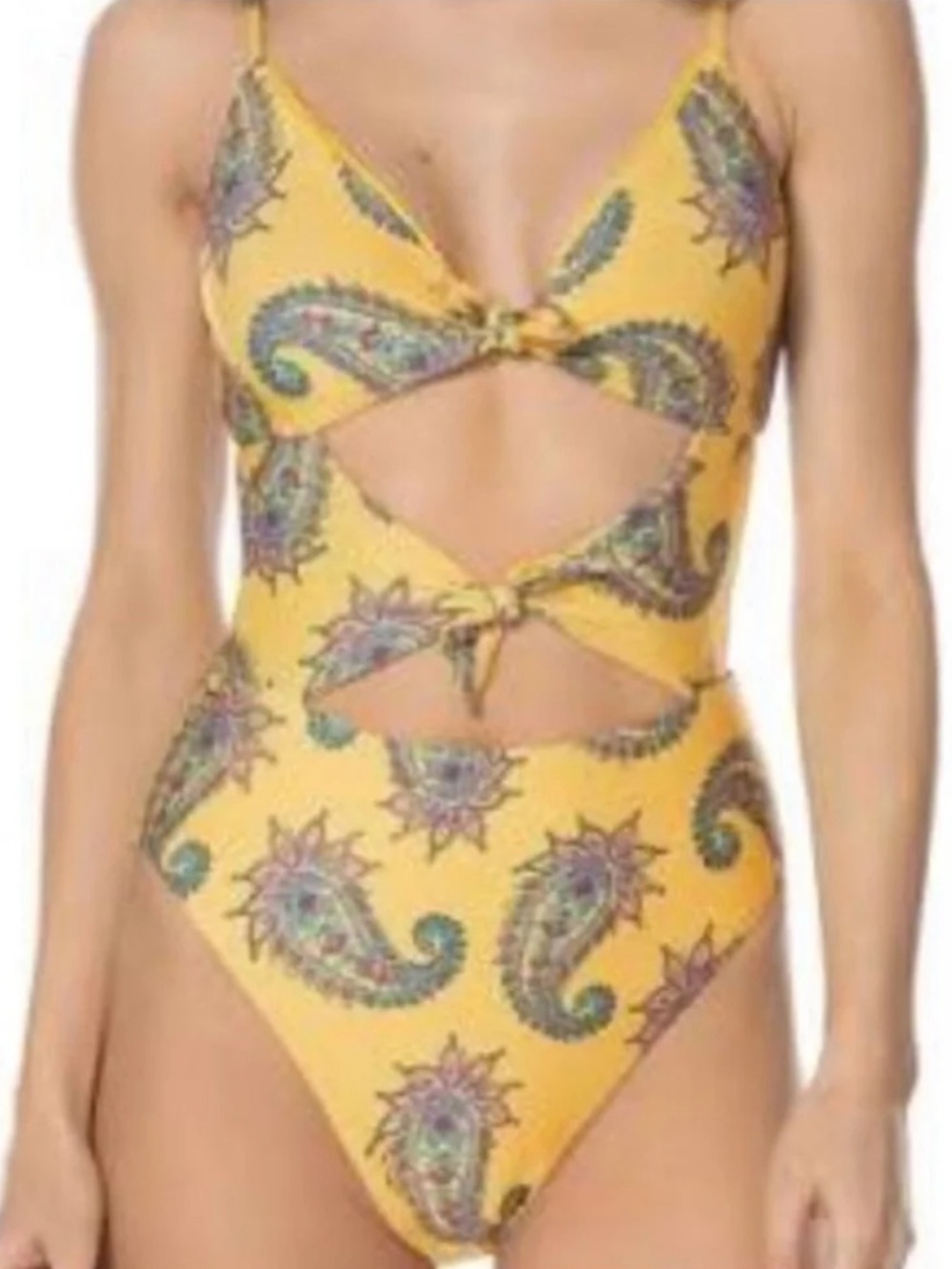 Isabella Rose Yellow Paisley Cutout One-Piece Swimsuit with Front Ties Large